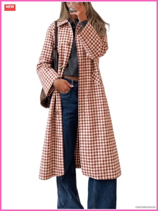 Jackets & Blazers - Plaid Trench Coat Long Sleeve Single Breasted Lapel Fall Jacket Women